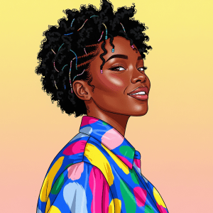 A colorful illustration of Christina Waltman, executive editor of Dyslexicon. The image shows a Black woman with short, spiky hair and some cornrows, smiling, wearing a blue shirt with splotches of color all over it.